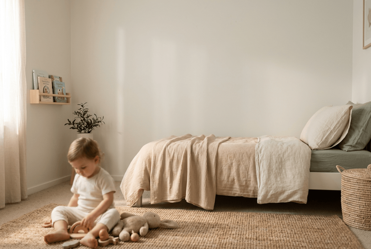 A warm nursery scene with soft cotton textiles for babies.